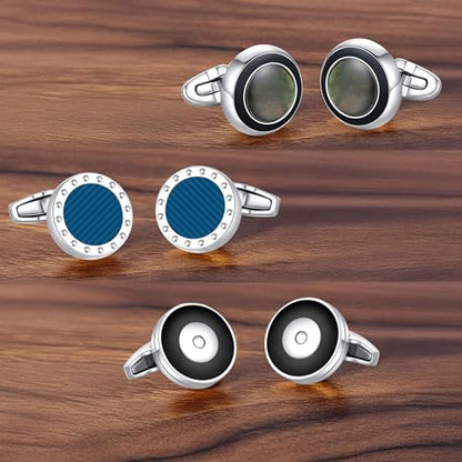 Cufflinks for Men, Stainless Steel Classic Black Pearl, Blue Carbon Fiber CuffLinks men's accessories, Great Gift for Father, Husband - style: 3 pairs-A