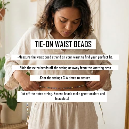 4 Pack Handmade Tie-On African Waist Beads for Women, Colorful Champagne Clear and Brown Glass Beads, 44 Inch, Non-Stretching, Layered Body Jewelry Set