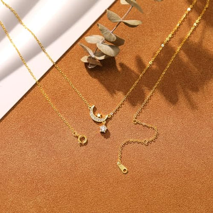 925 Sterling Silver Dainty Moon Star Necklaces for Women Daughter Mom | Moon Pendant Necklaces Trendy Non Tarnish 14K Gold Plated Cute Star CZ Charm Chain Jewish Birthday Wedding Gifts Jewelry - color: Gold