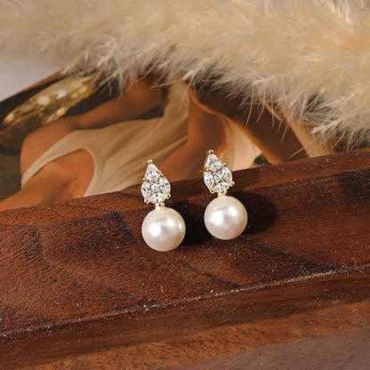 Pearl Earrings for Women:Gold Wedding Dangle Drop Earring Pearl Jewelry | 14K Gold Plated Pearl Drop Earrings for Women,Dainty Wedding Bride Earring Studs,Gold Dangle Drop Earring,Waterproof Jewelry - size: 1 pcs-10