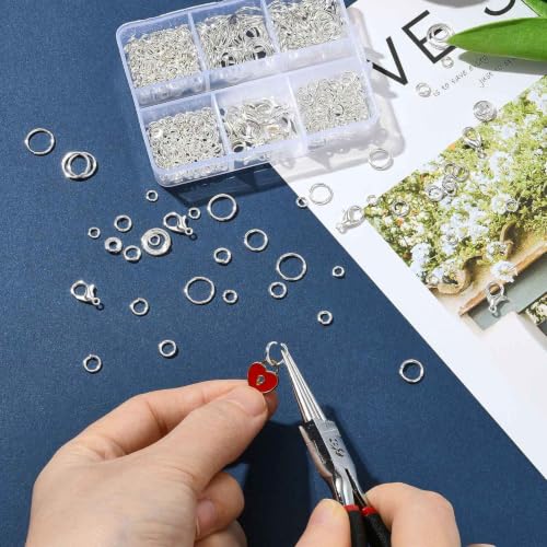 Jewelry Making Findings Kit with Jump Rings and Lobster Clasps, Silvery | Complete Silvery Jewelry Findings Kit with 5 Size Open Jump Rings, Lobster Clasps and Box for DIY Crafts, Repair, Beading - color: Silver