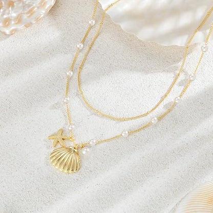 Shell Starfish Charm for Women, Dainty Layered 14K Gold Plated Seashell Conch Starfish Pearl Pendant Necklace for Women Stack Trendy Beach Cuban Link CZ Chain Necklace Summer Vacation Jewelry - color: 2PSC Layered/ Starfish & Shell Pearl