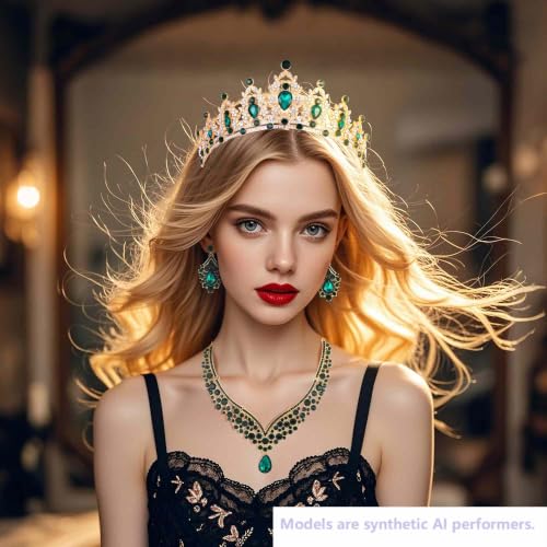 Kamirola Bridal Wedding Tiara Crown Jewelry Set for Women/Brides/Bridesmaids Crystal Jewelry Set for Wedding Prom Party Bridal Crystal Necklace Earrings Bracelet Set(TR60) - color: Gold Green