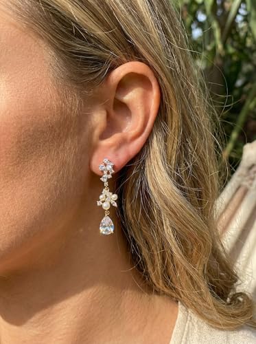 Pearl Earrings - 14K Gold/White Gold/Rose Gold Plated Cubic Zirconia CZ Diaomond Accented Pearl Drop Dangle Earrings for Women Wedding Bridal Prom - color: Silver Teardrop Design