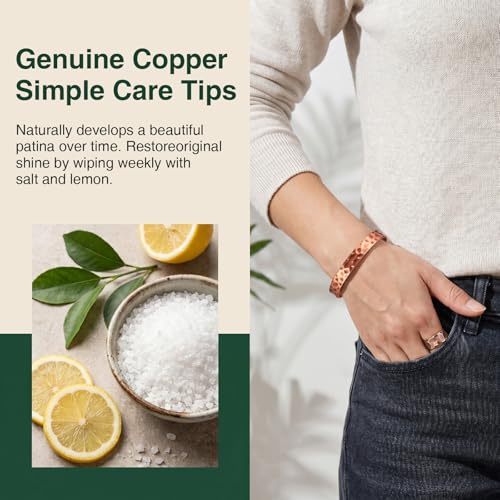Copper Bracelets for Women Men Set, 100% Solid Real Pure Handmade Hammered Copper & Rings Jewelry Bracelet