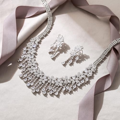 EVER FAITH Bridal Jewelry for Bride Bridesmaid, Elegant Cubic Zirconia Birthstone Cluster Flower Teardrop Wedding Party Necklace Dangle Earrings Sets for Women - color: White