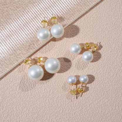 4 Pairs Pearl Stud Earrings, 14K Gold Plated Silver Posts Hypoallergenic Round Simulated Large Pearls, 8mm/10mm/12mm/14mm Stud Earring Set for Women