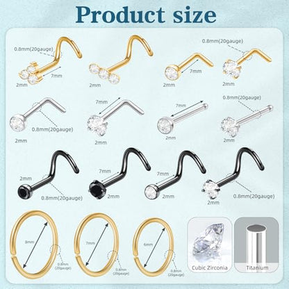 8PCS Titanium Nose Rings Stud, Gold Nose Ring for Women Men Hypoallergenic Nostril Hoops L Shape Nose Studs Corkscrew CZ Nose Piercing Jewelry Silver 18G & 20G Nose Ring Studs 2/2.5/3mm - style: 21Pcs-silver gold black