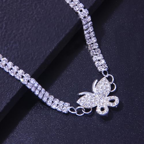 Fesciory Heart Rhinestone Ankle Bracelets for Women, Adjustable Silver Plated Shiny Tennis Anklets, Twinkle Cubic Zircon Imitation Diamond Anklet Foot Chain Jewelry Gifts - color: Butterfly2