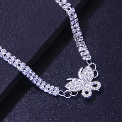 Fesciory Heart Rhinestone Ankle Bracelets for Women, Adjustable Silver Plated Shiny Tennis Anklets, Twinkle Cubic Zircon Imitation Diamond Anklet Foot Chain Jewelry Gifts - color: Butterfly2
