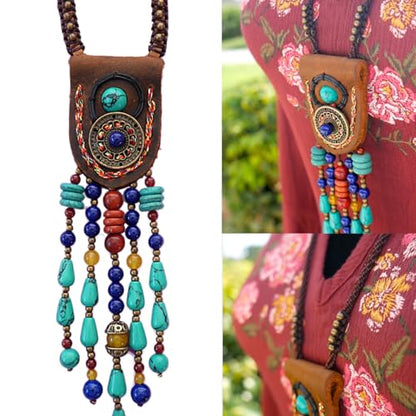 Bohemian Beaded Necklace for Women Long Boho Pendant Wood Mala Beads Wooden Strand Tassel Stone Bohemian Necklaces for Women Jewelry - style: Artistic Ethnic Set