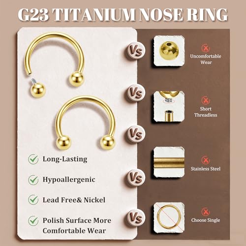 MILACOLATO 2Pcs Implant Grade Titanium Septum Rings for Women Men 16G | G23 Solid Titanium Internally Threaded Horseshoe Circular Barbell Piercing Jewelry for Nose Lip Tragus Eyebrow Helix Daith - color: 2pcs-gold-16g/10mm
