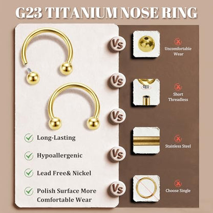 MILACOLATO 2Pcs Implant Grade Titanium Septum Rings for Women Men 16G | G23 Solid Titanium Internally Threaded Horseshoe Circular Barbell Piercing Jewelry for Nose Lip Tragus Eyebrow Helix Daith - color: 2pcs-gold-16g/10mm