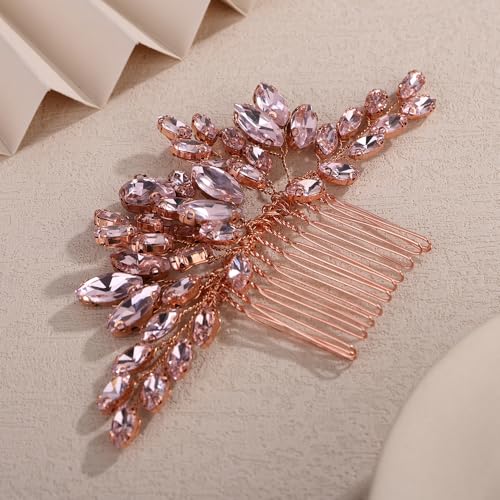Teyglen Bridal Crystal Hair Comb Full Rhinestone Wedding Hair Comb Pink Teardrop Crystal Hair Piece for Bride Wedding Hair Accessories for Women Bridal Headpiece (Pink) - color: Pink