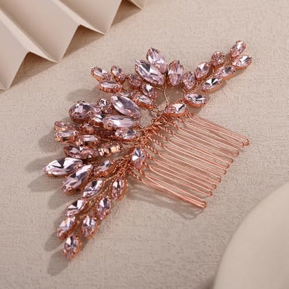 Teyglen Bridal Crystal Hair Comb Full Rhinestone Wedding Hair Comb Pink Teardrop Crystal Hair Piece for Bride Wedding Hair Accessories for Women Bridal Headpiece (Pink) - color: Pink