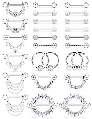 14G Nipple Tongue Rings 6 Pairs Surgical Steel Nipple Nipplerings Shield Ring Barbell Bar Hoop Piercing Body Jewelry CZ Round Shape for Women - color: 13Pairs Silver