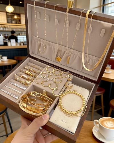 YEEZII 56 Pcs Gold Jewelry Set for Women with 5Pcs Layered Necklace, 5Pcs Layered Necklace, 12 Bracelets, 4 Hoop Earrings, 8 Stackable Rings, 10 hairpins, 12 Studs Earrings Jewerly set for Women - color: Gold-B