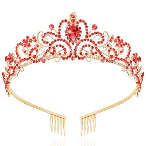 TAROSE Tiaras for Women, Birthday Crown and Sash for Girls | Birthday Sash Sunglasses Outfit, Birthday Gift for Women Girls, Goddess Crown Bride/Halloween/Prom/Party/Costume - color: 1 K. Gold+red