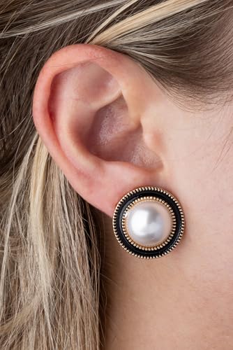 Simulated Pearl Clip On Stud Earrings - style: Black Enamel Surrounded Pearls