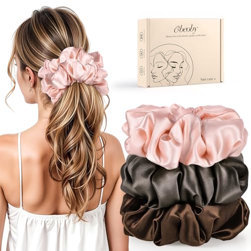 3 Pack Sleepy Hair Tie for Women Girls, Large Pillow Satin Scrunchies | Soft padded satin, 6inch, gentle on thick or curly hair, reduces friction and frizz, secure hold for sleep or daily wear - color: Pink,Brown
