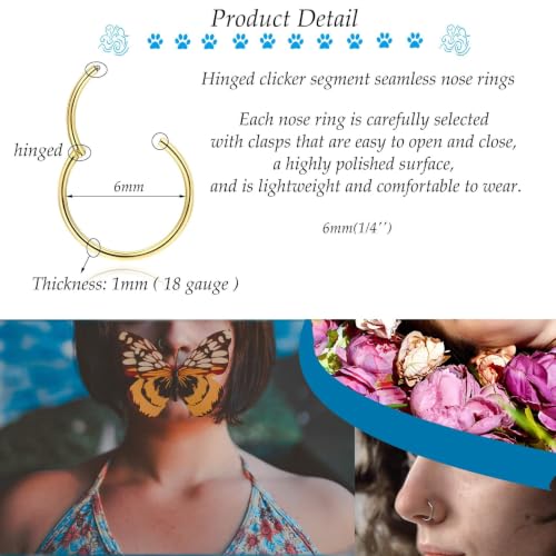 Lantine Nose Rings Hoops set for Women Set 316L Surgical Steel Septum Rings Rook Daith Tragus Piercing Jewelry Hinged Cartilage Hoop Earrings - color: 5Pcs Gold, size: 18G 6mm