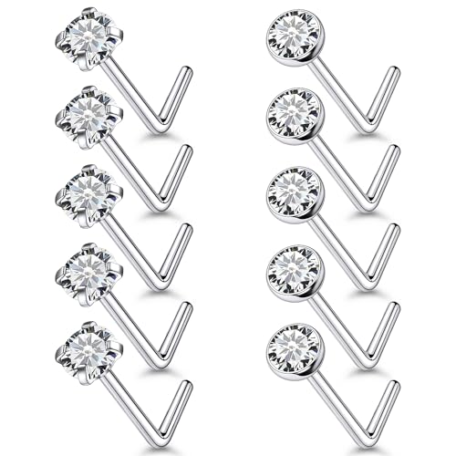 18G 20G 22G Stainless Surgical Steel Titanium Nose Rings Studs for Women L Shaped Nose Studs Screw Nose Rings Nostrial Piercing Jewelry for Women Men Silver Gold Black - style: 20G/1.5mm CZ/L-shaped/Titanium
