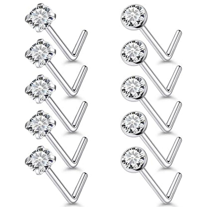 18G 20G 22G Stainless Surgical Steel Titanium Nose Rings Studs for Women L Shaped Nose Studs Screw Nose Rings Nostrial Piercing Jewelry for Women Men Silver Gold Black - style: 20G/3mm CZ/L-shaped/Titanium