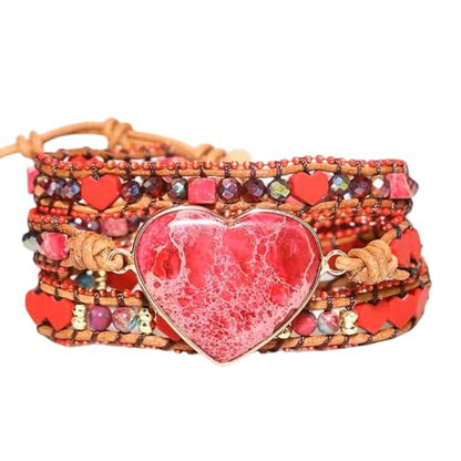 Women Wrap Bracelet Boho Natural Jasper Crystal Stone Beads Strand Bracelets - color: Style 17-Red Heart
