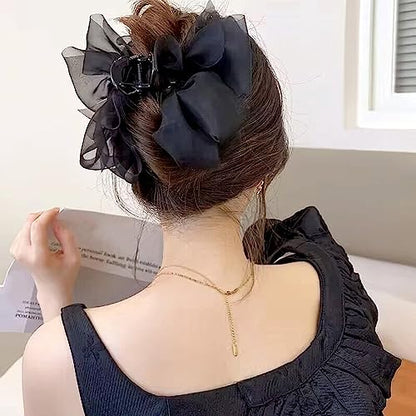 Black Mesh Tulle Bowknot Hair Claw Clips - Large Chiffon Clips for Women's Thick Hair, Elegant Hair Accessories - color: black