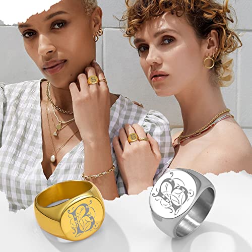 GoldChic Jewelry Personalized Signet Rings Men Women, Stainless Steel Custom Photo Bold Square/Oval Monogram/Old English Initial Pinky Stacking Statement Ring in Black/Silver/Gold (Size 7-14) - color: Gold-Initial -Round