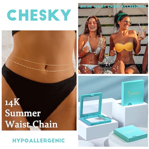 CHESKY 14K Gold Plated Waist Chain for Women, Layered Waist Beads | Silver Plated Gold Body Chains, Beach Summer, Waterproof Snake Belly Belt Chain, Festival Jewelry Accessories for Women - style: thinchain-gd