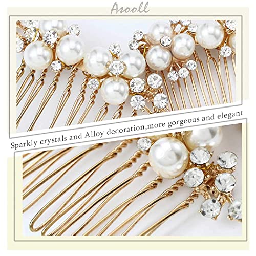 Asooll Gold Wedding Pearl Hair Comb Bride Crystal Hairpiece Bridal Rhinestone Hair Clip Hair Accessories for Women (Set of 2) (A-Gold) - color: A-Gold