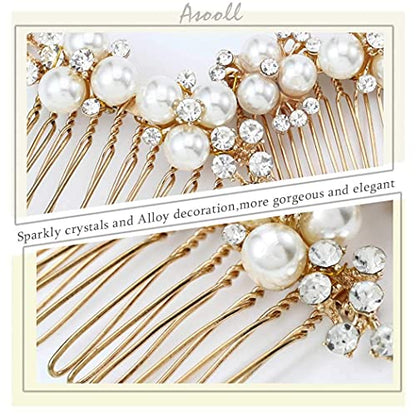 Asooll Gold Wedding Pearl Hair Comb Bride Crystal Hairpiece Bridal Rhinestone Hair Clip Hair Accessories for Women (Set of 2) (A-Gold) - color: A-Gold