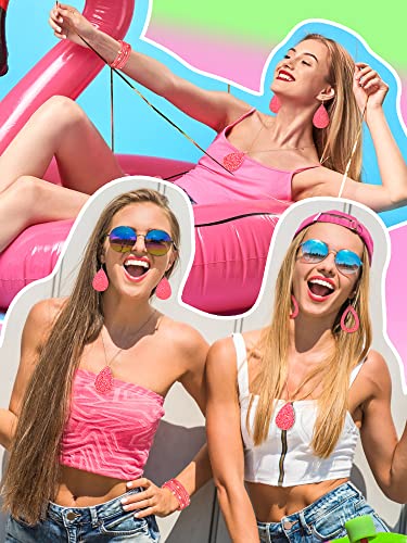 Hicarer 4 Pcs Jewelry Sets for Women Glitter Necklace and Earring Set Multi Layer Bracelet Costume Jewelry Sets for Bridal Shower Wedding - color: Hot Pink