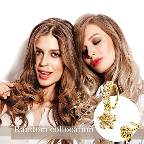 18 Pcs Dangle Nose Ring L Shaped Dangling Nose Stud Nose Ring Hoop Indian Nose Piercing Jewelry with Charm - color: Gold, Silver
