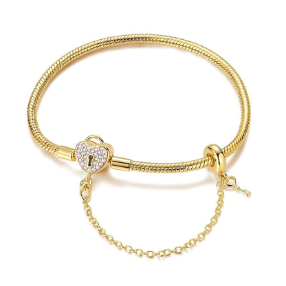 Star moon Mouse Clasp Snake Chain Bracelet 925 Sterling Silver Safety Chain Charm Christmas Mother’s Day Jewelry Gifts for Women - color: Gold Heart Key and Padlock Charm Bracelet, size: 17cm