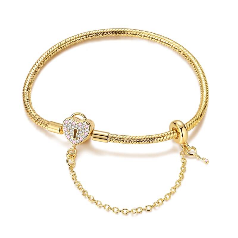 Star moon Mouse Clasp Snake Chain Bracelet 925 Sterling Silver Safety Chain Charm Christmas Mother’s Day Jewelry Gifts for Women - color: Gold Heart Key and Padlock Charm Bracelet, size: 19cm