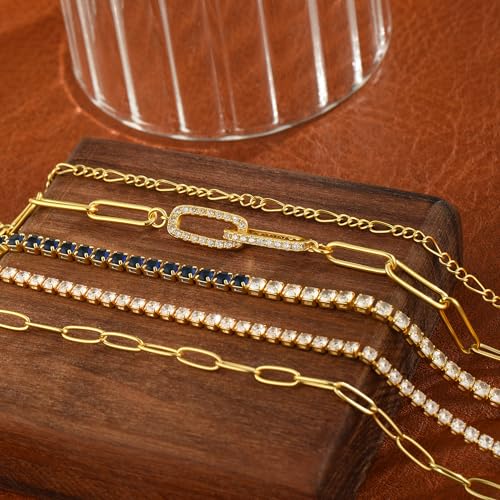 MFRYK Gold/Silver Bracelets For Women,Trendy 14k Gold/Silver Plated lightweight Dainty Chunky Thin Cuban Link Paperclip Chain Tennis Bangle Bracelets Stack Set,Ring Hand Chain Bracelet,Gold Jewelry Gift For Women Fashion Accessories - style: 5Pcs tennis p