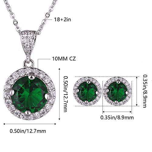 AMYJANE Halo Crystal Jewelry Set - Sterling Silver Round Cubic Zirconia Crystal Bridal Pendant Necklace Earrings Set for Wedding Bride Bridesmaids - color: Emerald