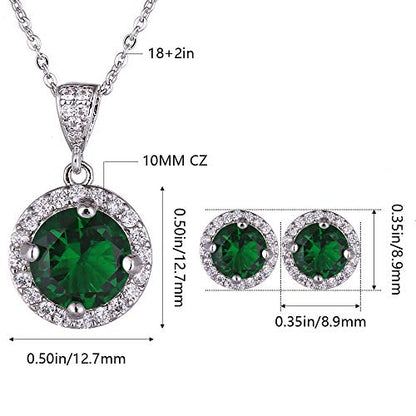 AMYJANE Halo Crystal Jewelry Set - Sterling Silver Round Cubic Zirconia Crystal Bridal Pendant Necklace Earrings Set for Wedding Bride Bridesmaids - color: Emerald