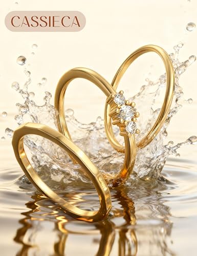 CASSIECA Non Tarnish Gold Rings for Women Dainty Marquise Stack Rings Set | 14K Gold Plated,Stackable Ring Set,Thin Thumb Wedding Band Ring,Marquise Engagement Statement Ring,Waterproof,Jewelry Gifts - color: 14K Gold Plated