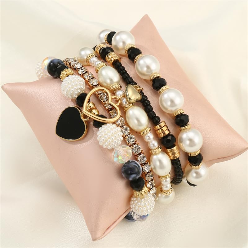 Pingyongchang Bohemian Stackable Beaded Bracelets Set for Women Multicolor Stretch Faux Pearl Heart Crystal Stretchy Bangles Multilayered Handmade Friendship Holiday Beach Jewelry Mother's Day Gifts - color: Black