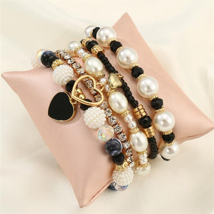 Pingyongchang Bohemian Stackable Beaded Bracelets Set for Women Multicolor Stretch Faux Pearl Heart Crystal Stretchy Bangles Multilayered Handmade Friendship Holiday Beach Jewelry Mother's Day Gifts - color: Black