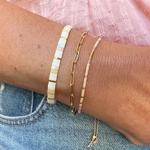 Boho 3Pcs Tila Flat Seed Beads Stack Bracelets Set for Women, Romantic Handmade Cute Gold Plated Paperclip Link Colorful Glass Ball Stretch Accessories Jewelry, Party Friendship Gift - color: Peach