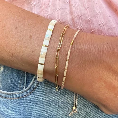 Boho 3Pcs Tila Flat Seed Beads Stack Bracelets Set for Women, Romantic Handmade Cute Gold Plated Paperclip Link Colorful Glass Ball Stretch Accessories Jewelry, Party Friendship Gift - color: Peach