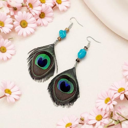 Boho Peacock Feather Turquoise Earrings for Women, Handmade Ethnic Tribal Dangle Drop Earrings with Natural Turquoise Bead, Bohemian Hippie Festival Jewelry Gift