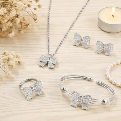 1 Set 4 Pcs Bow Jewelry Set Silver-tone Rhinestone Adjustable Bow Necklace, Earrings, Bracelet, Ring for Women, Party, Daily - color: Sliver