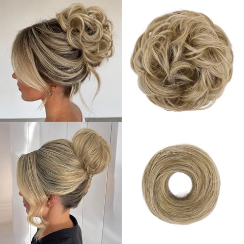 2PCS Messy Bun Hair Pieces Synthetic Hairpieces For Women Sand | Messy Bun and Donut Bun in one set for natural-looking volume and elegant updos for every occasion. - color: Sand