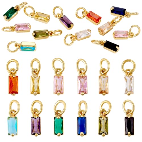 Pandahall 12Pcs 18K Gold Plated Rectangle Charms Cubic Zirconia Birthstone Charms Brass Crystal CZ Stone Pendants with Jump Ring for Jewelry Making Necklace Bracelet Earring