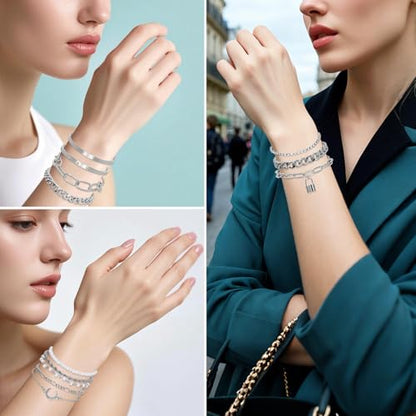 Gold/Silver Jewelry Set for Women Layered Bracelets Ball Dangle Hoop Earrings Stackable Knuckle Rings Set Dainty Adjustable Necklaces Valentine Anniversary Trendy Party Costume Accessories Jewelry - style: Moden